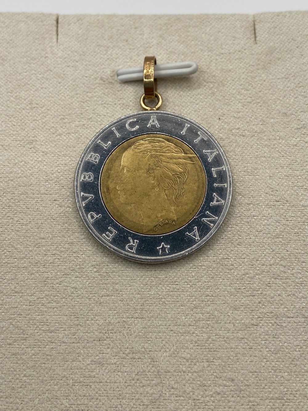 Vintage Milor Italian 500 Lire Two Tone Coin Charm Pendant 14K Yellow Gold Bail